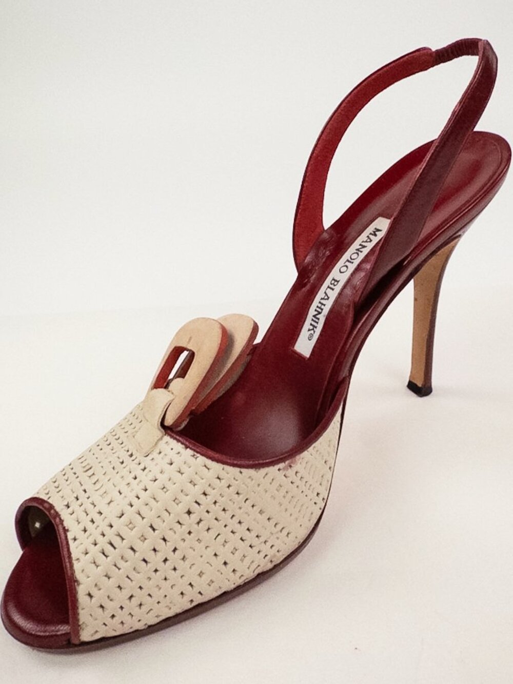 Manolo Blahnik Red Leather Ivory Slingback Peep Toe Heels Sz 39 - Picture 4 of 10